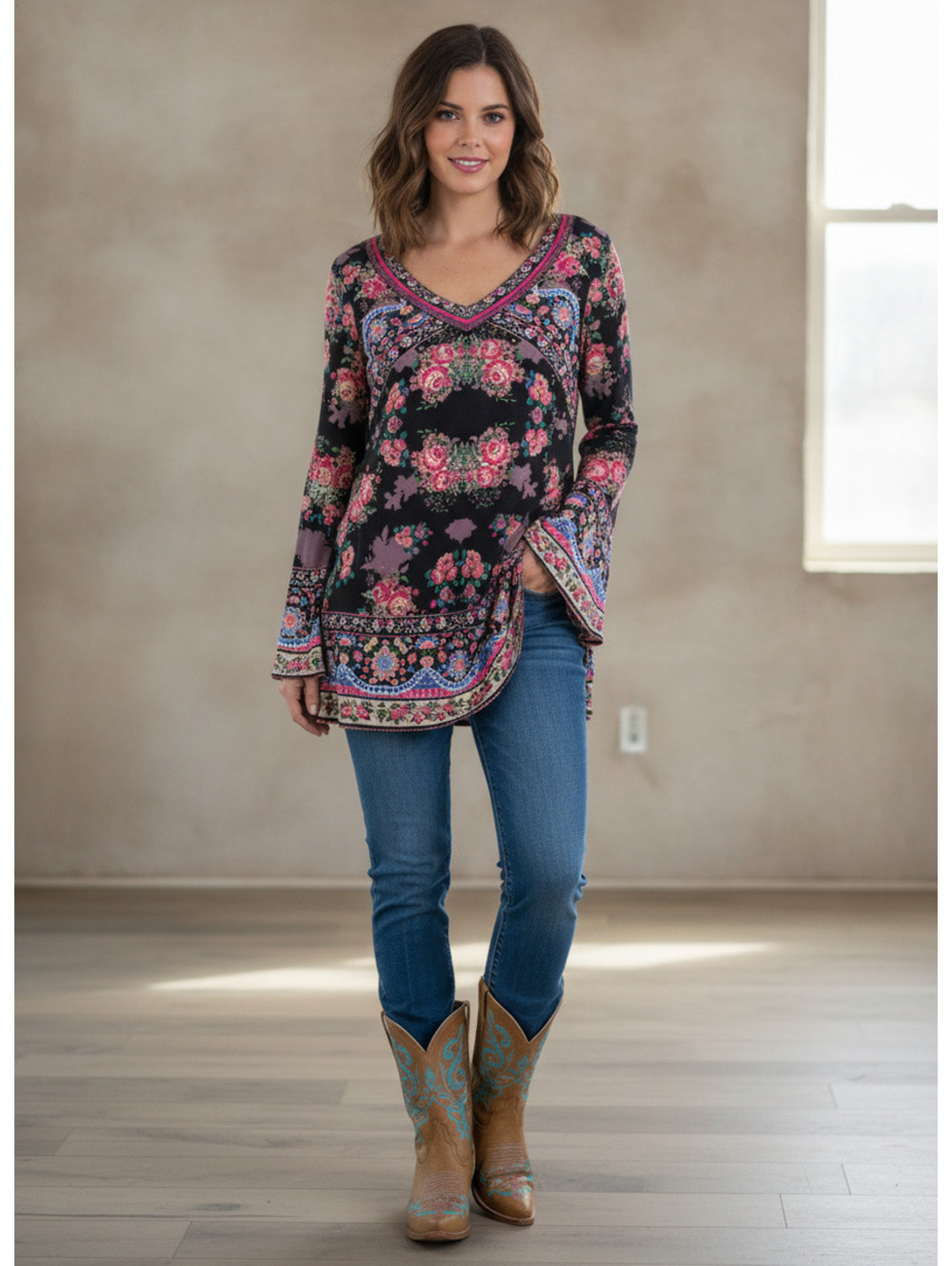 1575 - Flying Tomato Women's Floral Print Bell Sleeve Tunic Top - Medium